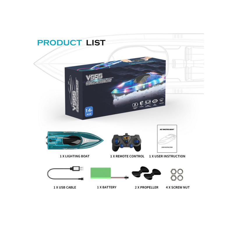 Радиоуправляемый катер Flytec V555 (зеленый) с подсветкой 2.4G RTR