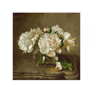 Картина по номерам 30х30 Бузин. Белые пионы на столике (20 цветов)