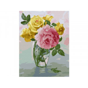Картина по номерам с цветной схемой на холсте 30х40 Бузин. Пионы и розы (24 цвета)